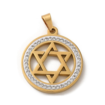 304 Stainless Steel with Rhinestone Pendants, Hexagram, Real 18K Gold Plated, 25x22x2mm, Hole: 6x3.4mm