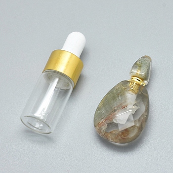 Faceted Natural Green Lodolite Quartz Openable Perfume Bottle Pendants, with Brass Findings and Glass Essential Oil Bottles, 40~43x21~23x12~13mm, Hole: 0.8mm, Glass Bottle Capacity: 3ml(0.101 fl. oz), Gemstone Capacity: 1ml(0.03 fl. oz)