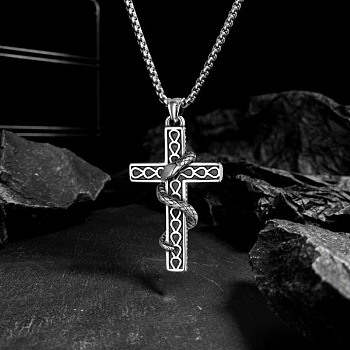 Stainless Steel Pendant Necklaces for Men, Antique Silver, Cross, 23.62 inch(60cm)