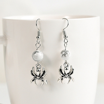 Natural Howlite Dangle Earrings, Alloy Halloween Spider Jewelry for Women, 46x8mm