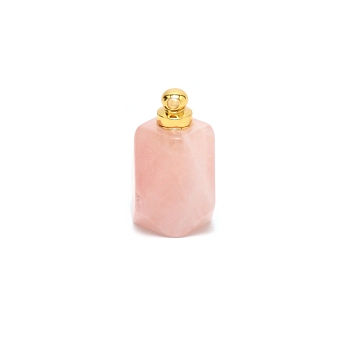 Natural Rose Quartz Pendants, with Golden Zinc Alloy  Findings, Openable Perfume Bottle, Polygon, 33x18x23mm, Hole: 2.5mm, Capacity: 0.1ml(0.00fl. oz)