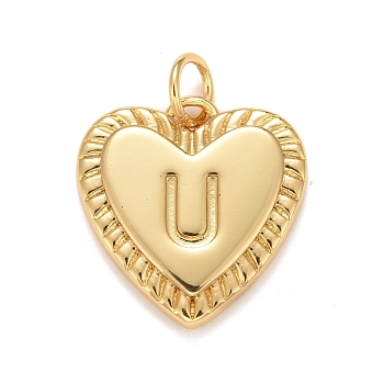 Rack Plating Real 18K Gold Plated Brass Pendants, with Jump Rings, Long-Lasting Plated, Lead Free & Cadmium Free & Nickel Free, Heart with Letter A~Z, Letter.U, 16x15x2.5mm, Jump Ring: 5x0.5mm, 3mm Inner Diameter