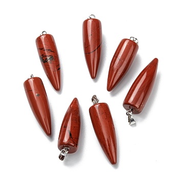 Natural Red Jasper Pendants, with Platinum Brass Findings, Bullet, 32~35x10~11mm, Hole: 7X3mm