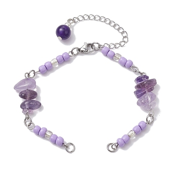 Natural Amethyst Chips & Handmade Seed Beads Bracelet Making, with 304 Stainless Steel Ends Chains, 7 inch(17.9cm)