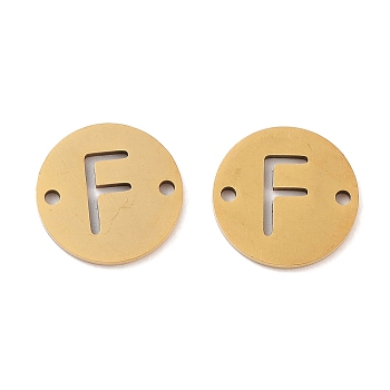 Vacuum Plating 201 Stainless Steel Hollow Flat Round Links, Letter Connector Charms, Real 18K Gold Plated, Letter F, 12x1mm, Hole: 1.2mm