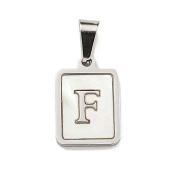 304 Stainless Steel Pave Natural White Shell Pendants, Rectangle with Letter Charms, Stainless Steel Color, Letter F, 17.5x12x1.5mm, Hole: 6x3mm