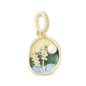 Brass Enamel Pendants, with Natural Freshwater Pearls and Brass Micro Pave Cubic Zirconia Clasp, Oval with Flower Charm, Colorful, 22x16.5x5mm, Hole: 8x5mm