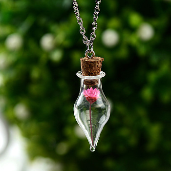 Dried Flower Inside Glass Wish Bottle Pendant Necklaces, Platinum Alloy Jewelry for Women, Fuchsia, 18.90 inch(48cm)