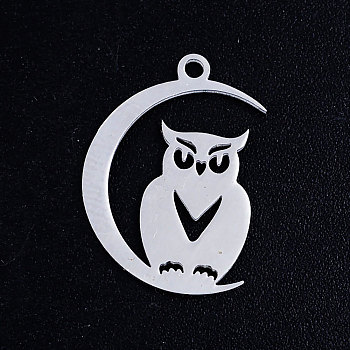201 Stainless Steel Pendants, For Halloween, Owl with Moon, Stainless Steel Color, 20x14x1mm, Hole: 1.5mm