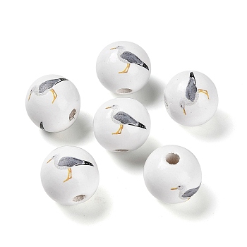 Natural Wood European Beads, Ocean Series 16MM Printed lotus Beads, Large Hole Beads, Bird, 16x15mm, Hole: 4mm