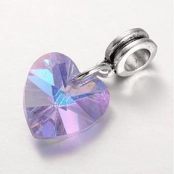 Large Hole Alloy European Dangle Charms, with Electroplated Glass Heart Pendants, Antique Silver, Lilac, 25mm, Hole: 5mm