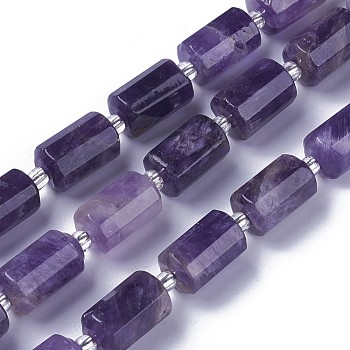 Natural Amethyst Beads Strands, Faceted, Column, 15.5~17x9.5~10mm, Hole: 1.2mm, about 21pcs/strand, 15.3 inch(39cm)