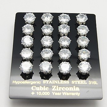 Cubic Zirconia Stud Earrings, with 316 Surgical Stainless Steel Pin, Hypoallergenic Earrings, White, 15~18x8mm