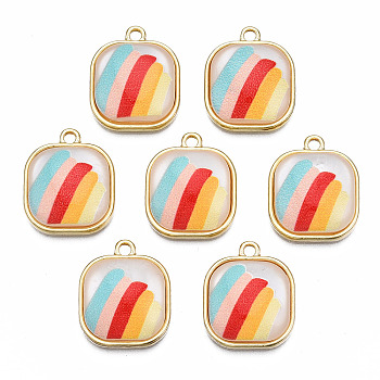 Resin Pendants, with Light Gold Plated Alloy, Cadmium Free & Nickel Free & Lead Free, Square, Colorful, 17x14x5mm, Hole: 1.4mm