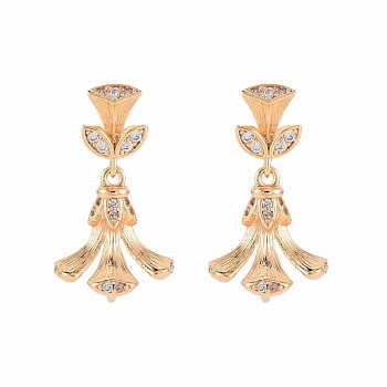 Brass Micro Pave Clear Cubic Zirconia Stud Earring Findings, for Half Drilled Beads, Nickel Free, Tassel Shape, Real 18K Gold Plated, 21x12mm, Pin: 0.6mm, pin: 0.9mm(for half drilled beads)