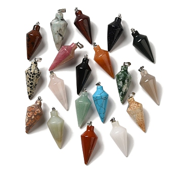 Natural & Synthetic Mixed Gemstone Pendants, Cone Charms with Rack Plating Platinum Plated Brass Snap on Bails, Synthetic Chrysocolla and Lapis Lazuli, 36~36.5x15~15.5mm, Hole: 5~6.5x2mm