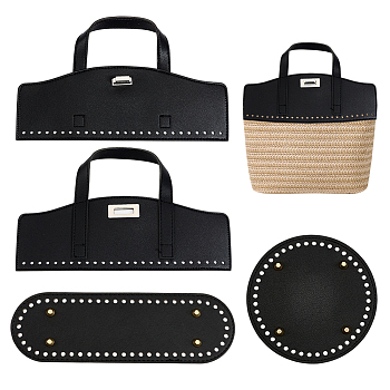 DIY Bag Making Kits, Including 2Pcs Handmade PU Leather Bag Handles, 1Pc Flat Round Bag Bottoms and 1Pc Oval Bag Bottoms, Black