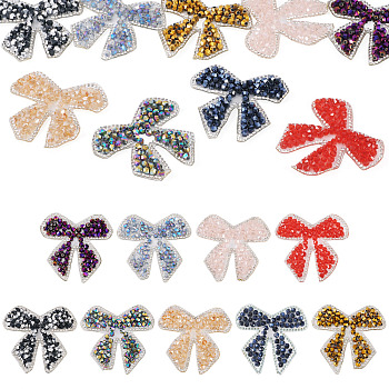 9Pcs 9 Colors Polyester Cloth Patches, Hotfix Rhinestone Iron on Patches, Stick On Patch, Costume Accessories, Appliques, Bowknot, Mixed Color, 55x60mm, 1pc/color