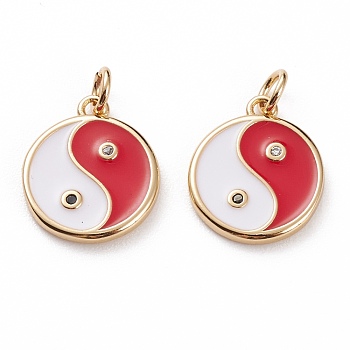 Brass Micro Pave Clear Cubic Zirconia Pendants, with Enamel & Jump Rings, Flat Round with Yin Yang, Real 18K Gold Plated, Red, 15x12.5x2mm, Jump Ring: 5x1mm, 3mm Inner Diameter