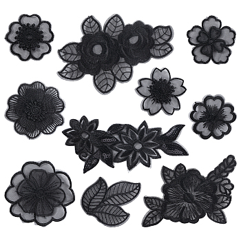 30Pcs 10 Style Flower/Leaf Organza Embroidery Sew on Appliques, Sewing Craft Decoration for Wedding Dress, Cheongsam, Mixed Color, 50~93x50~133x1~1.5mm, 3pcs/style