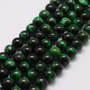 Natural Tiger Eye Bead Strands, Round, Dyed & Heated, Dark Green, 10mm, Hole: 1.2mm, about 38pcs/strand, 14.9 inch~15.5 inch