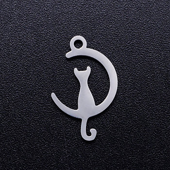 304 Stainless Steel Kitten Pendants, Laser Cut, Cat on the Crescent Moon Shape, Stainless Steel Color, 17.5x11x1mm, Hole: 1.5mm