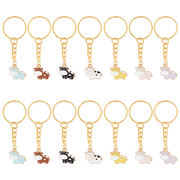 Cute Cow Alloy Enamel Pendant Keychain, with Iron Findings, for Keychain, Purse, Backpack Ornament, Mixed Color, 6.8cm, 14pcs/set