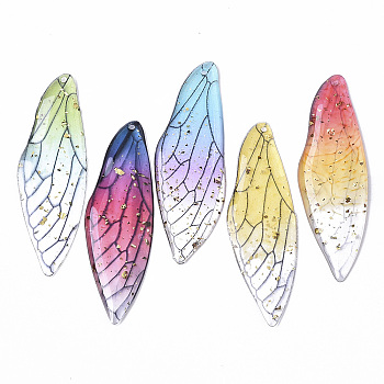 Transparent Epoxy Resin Big Pendants, with Gold Foil, Insects Wing, Mixed Color, 51x16.5x1~2.5mm, Hole: 1.2mm