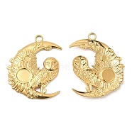 304 Stainless Steel Pendant Cabochon Settings, Moon with Owl, Real 18K Gold Plated, Tray: 2.5mm and 6mm, 32x27x3mm, Hole: 3mm(STAS-Z041-12G)