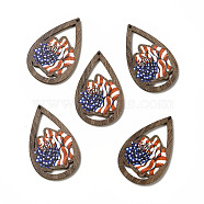 American Flag Theme Single Face Printed Aspen Wood Pendants, Teardrop Charm, Rose Pattern, 49.5x31x2.5mm, Hole: 1.6mm(WOOD-G014-01E)