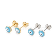 Brass Enamel Stud Earrings, Long-Lasting Plated, Flat Round with Evil Eye, Real Gold Plated & Real Platinum Plated, Mixed Color, Turquoise, 6x2.5mm, Pin: 0.8mm(EJEW-D274-02M-01)