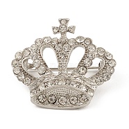 Rhinestone Crown Brooch Pin, Alloy Badge for Backpack Clothes, Platinum, 30.8x35x16.5mm(JEWB-Q030-07P)