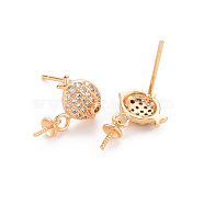 Brass Micro Pave Clear Cubic Zirconia Earring Findings, for Half Drilled Beads, Nickel Free, Fish, Real 18K Gold Plated, 15x9.5mm, Pin: 0.8mm, Pin: 0.8mm(for Half Drilled Beads)(KK-T062-216G-NF)