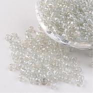 Round Glass Seed Beads, Trans. Colours Lustered, Clear, Size: about 4mm in diameter, hole: 1.5mm, about 496pcs/50g(X-SEED-A006-4mm-101)