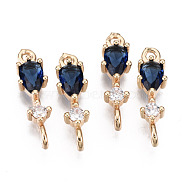 Brass Micro Pave Cubic Zirconia Links Connectors, with Glass, Long-Lasting Plated, Light Gold, Teardrop, Prussian Blue, 17x5x3.5mm, Hole: 1.5mm(X-KK-R111-007-A01)