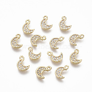 Brass Micro Pave Clear Cubic Zirconia Charms, Nickel Free, Moon, Real 18K Gold Plated, 9x6x1.5mm, Hole: 0.9mm(KK-R134-012-NF)