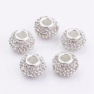 Grade A Rhinestone European Beads, Large Hole Beads, Resin, with Silver Color Plated Brass Core, Rondelle, Crystal, 15x10mm, Hole: 5mm(CPDL-H001-7)