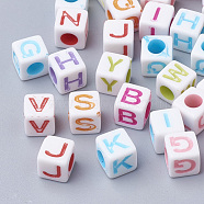 Craft Style Acrylic Beads, Horizontal Hole, Cube with Initial Letter, Mixed Color, 7x7x7mm, Hole: 3.5mm, about 1950pcs/500g(MACR-Q226-02C)