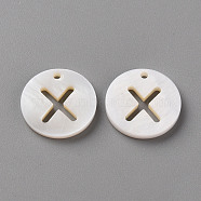 Natural Freshwater Shell Pendants, Flat Round with Letter, Letter.X, 12x1.5mm, Hole: 1mm(SHEL-Q311-008X)