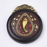 Handmade Indonesia Pendants, with Alloy Findings, Sandalwood and Resin, Antique Golden, Flat Round with Fish, Coconut Brown, 45~46x39~40x11.5mm, Hole: 1.6mm(IPDL-N002-36)