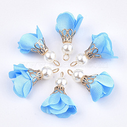Iron Pendants, with Cloth and ABS Plastic Imitation Pearl, Flower, Golden, Deep Sky Blue, 25~32x15~25mm, Hole: 1~4mm(FIND-T033-07H)