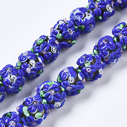 Handmade Lampwork Beads Strands, Bumpy, Round with Flower, Royal Blue, 12~13x11~12mm, Hole: 1mm, about 45pcs/strand, 19.29 inch(49cm)(LAMP-N021-015A-03)