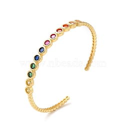 Colorful Cubic Zirconia Flat Round Open Cuff Bangle, Rack Plating Brass Jewelry for Women, Lead Free & Cadium Free, Real 18K Gold Plated, Inner Diameter: 2x2-3/8 inch(5x6cm)(BJEW-M231-06G)