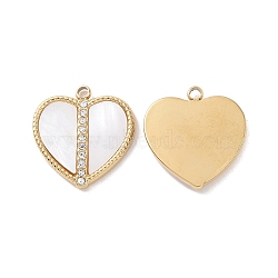 Natural White Shell Pendants, with Ion Plating(IP) 304 Stainless Steel Micro Pave Clear Cubic Zirconia Findings, Heart Charm, Real 18K Gold Plated, 16x15x2mm, Hole: 1.4mm(STAS-J400-31G)