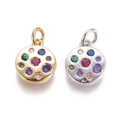 Brass Micro Pave Cubic Zirconia Charms, Flat Round, Colorful, Mixed Color, 9.5x3mm, Hole: 3mm(ZIRC-E145-75)