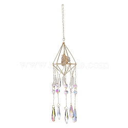 Quartz Crystal Tassels Pendant Decorations, with Glass Beads and Iron Macrame Pouch Cage, Rhombus, Golden, 397mm(HJEW-P015-14)