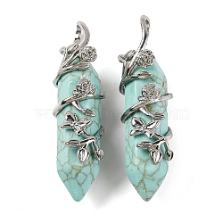 Synthetic Turquoise Double Terminal Pointed Pendants, Brass Flower Wrapped Faceted Bullte Charms, Platinum, 50x12x15mm, Hole: 9x5mm(G-C144-03P-01)