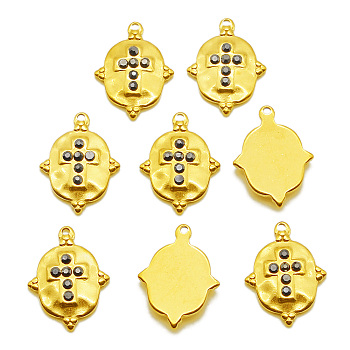 201 Stainless Steel Pendants, with Jet Hematite Rhinestone, Oval with Cross, Golden, 21.5x16x3.5mm, Hole: 1.4mm