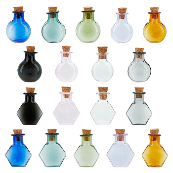 2 Sets 2 Styles Mini Glass Bottle, with Cork Plug, Wishing Bottle, for Charms Making, Hexagon Shape & Flat Round, Mixed Color, 27~31x19~21x11~12mm, 9pcs/set