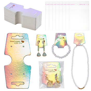 Elite 400Pcs Laser Style Folding Paper Jewelry Display Hanging Cards, for Necklace Bracelet Earring Packaging, Trapezoid, with 400Pcs OPP Cellophane Bags, Colorful, 12x5x0.05cm, Hole: 2mm and 23.5x8mm